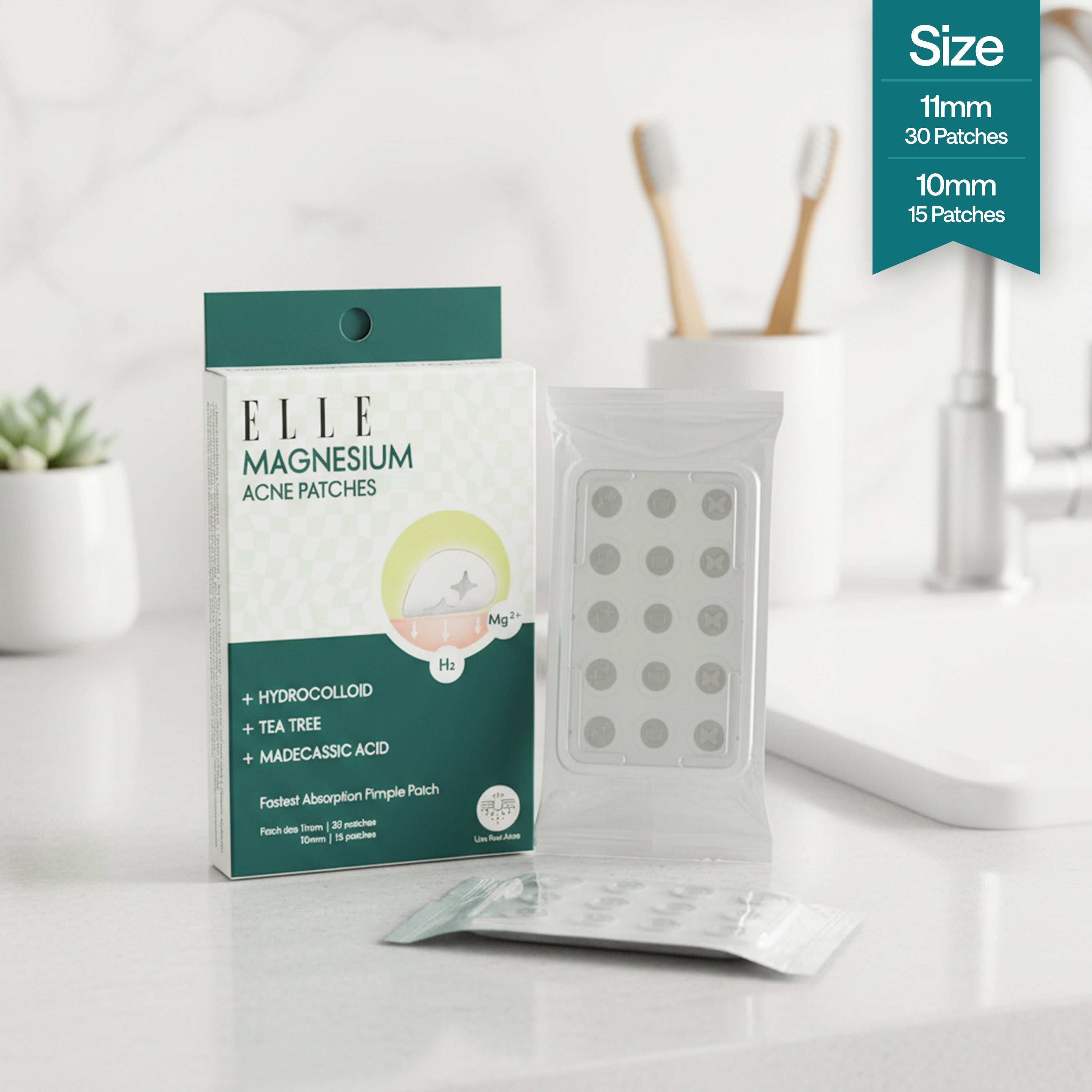 ELLE Magnesium Soft Acne Patch | Spot Treatment | Magnesium - The Magic Mineral |Hydrocolloid |Madecassic Acid | Tee Tree Oil Pimple Patches | Post-Breakout Acne Care | 11mm & 10mm Sizes | 45 Patches